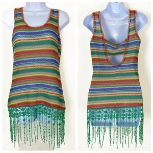 C. LUCE Rainbow Bohemian Hippie Crochet Knit Tank Top Woven Size Medium